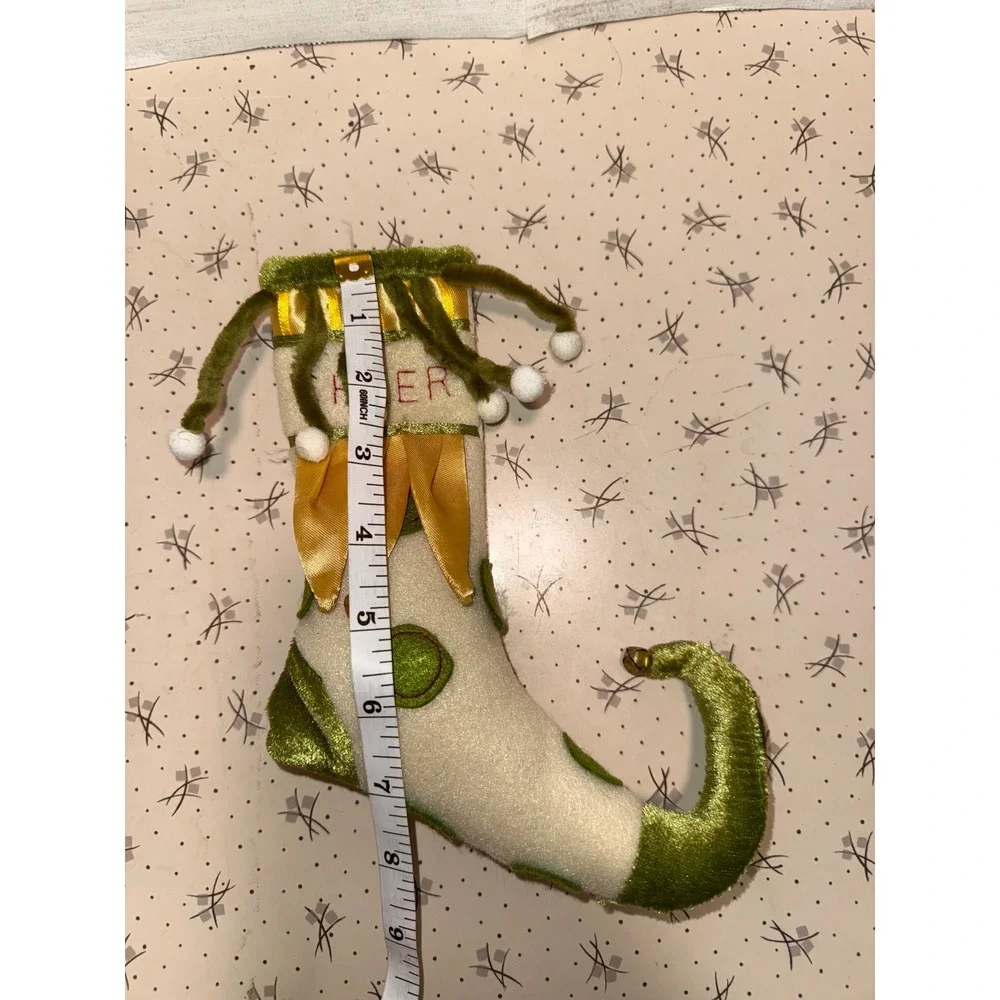 Patience Brewster Krinkles Cheer Christmas Stocking Elf‎ Boot Green Gold Cream
